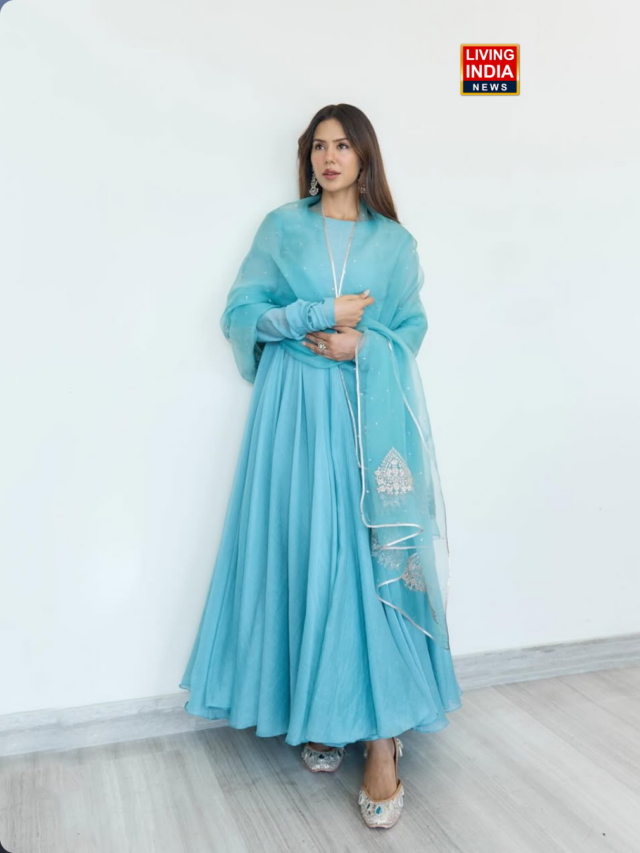 Punjabi Actress and National Crush Sonam Bajwa Dazzles in a Blue Anarkali Suit.