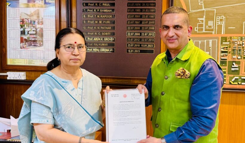 The Vice-Chancellor, Panjab University, Chandigarh, Dr Renu Vig, today conferred a Certificate of Appreciation