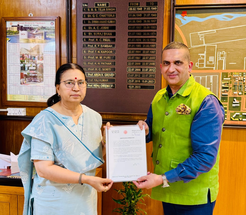 The Vice-Chancellor, Panjab University, Chandigarh, Dr Renu Vig, today conferred a Certificate of Appreciation